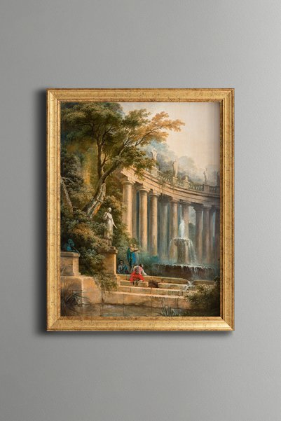 epiqart نافورة وعمود في حديقة - لوحة فنية بنمط عتيق - تصميم أنيق.