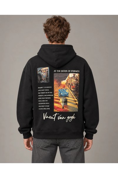 CANMODA Μαύρο φούτερ με κουκούλα, oversized, με εφαρμογή «Van Gogh At the Doo...