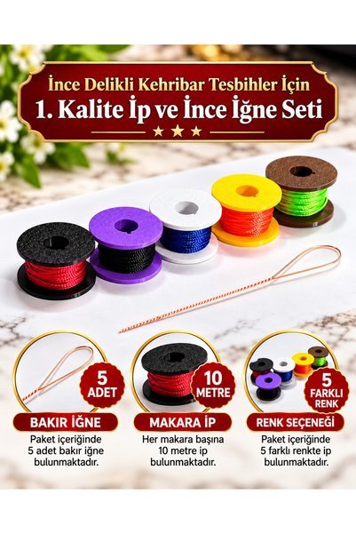 zikir tesbih premıum kehribar tesbih İpi ve İğne Seti, ip, İnce delikli tespi...