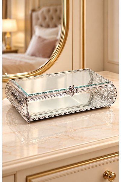 Hinora Home Embroidered Glass Jewelry and Trinket Box – Decorative Accessory ...