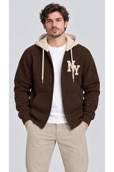 EVIus Unisex Ny Printed Patchwork Color Hooded Zip-Up Sweater