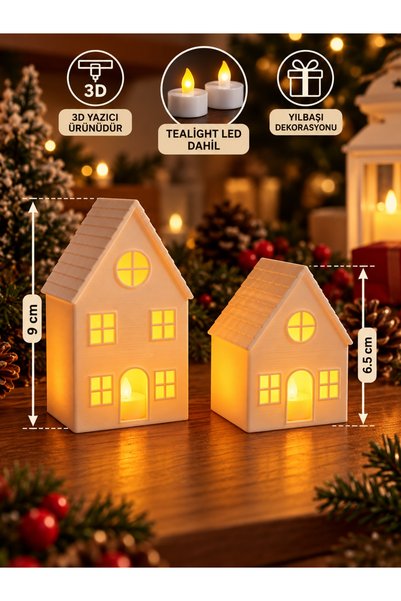 Filkorium3D 2'li Yılbaşı Kış Evi Mumluk Seti LED Tealight Mum Dahil 3D Yazıcı Üretimi Dekoratif Noel Evi Yeni Yıl Masa Süsü