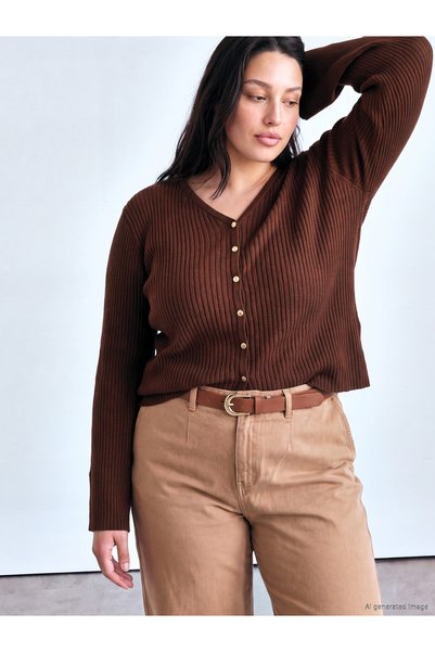 LC Waikiki Özmarka New Season Brown Plus Size Women's Knit Cardigan