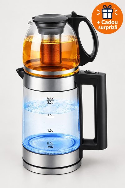OferteTop Fierbător Electric 2 în 1 cu Ceainic și Infuzor, 2,2 L, 2000 W, Sti...