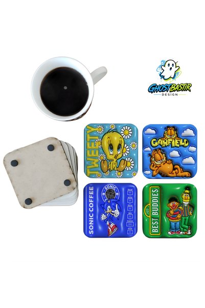 Ghostbastır Design Cartoon Character Decorative Wooden Coaster Set 0134
