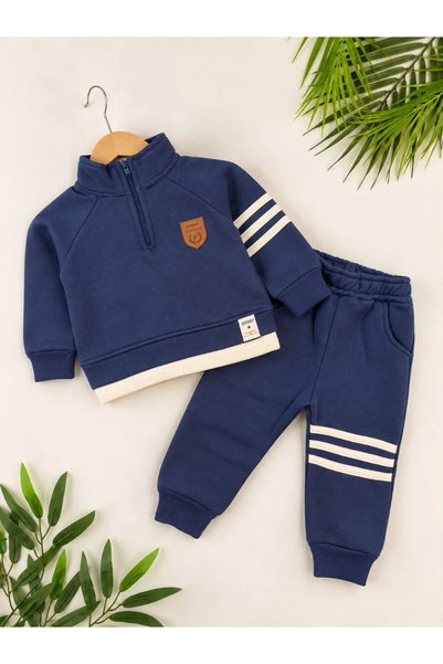 Minizade 3-Thread Winter High-Neck Zippered Striped Detail Men's Baby 2-Piece...
