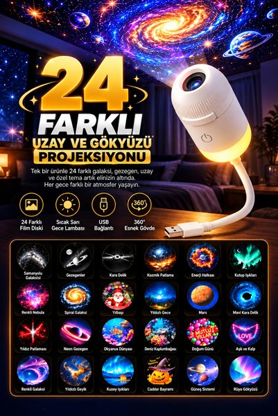 Ayers 24 Projeksiyon Kartlı (12+12 Diskli) 2’si 1 Arada USB LED Yıldız Galaks...