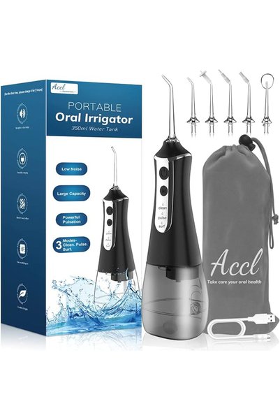 ACCLAND جهاز تنظيف الأسنان بالماء، لاسلكي، سعة 350 مل، جهاز محمول لتنظيف الفم...