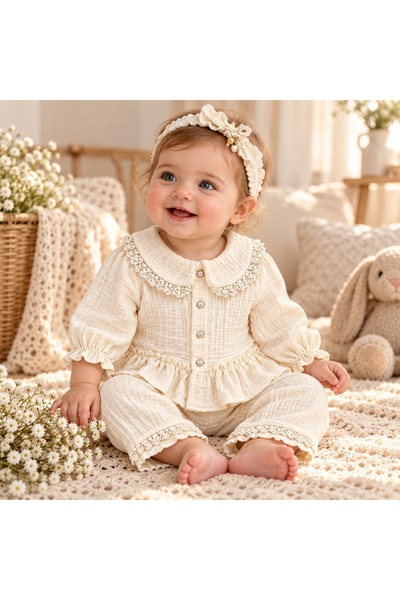 Pure Boutique Compleu bebe fetite 3 piese din muselina, bluza cu dantela, pan...