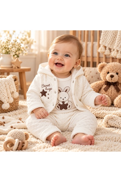 Pure Boutique Комплект от 3 части за момченце, памучен, боди със зайче, панта...