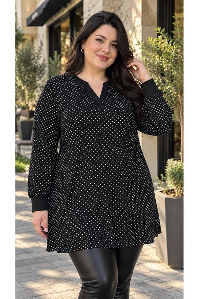 HÜLYA BUTİK Plus-size women's black polka dot patterned long-sleeved blouse w...