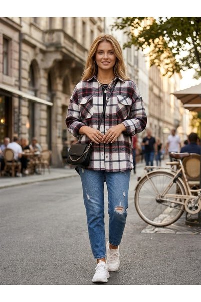Polologin Butik Jachetă oversize de băieți, cu model în ecose roșu-negru, pen...