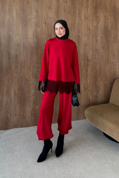 Şule Giyim Feriye Lace Set, Red.