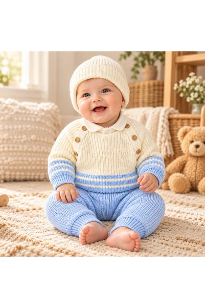 Pure Boutique Compleu bebe baiat 4 piese, pulover si pantaloni din lana natur...