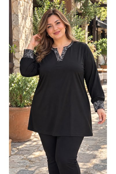 HÜLYA BUTİK Women's plus-size black glittery gray leopard print garnili long-...