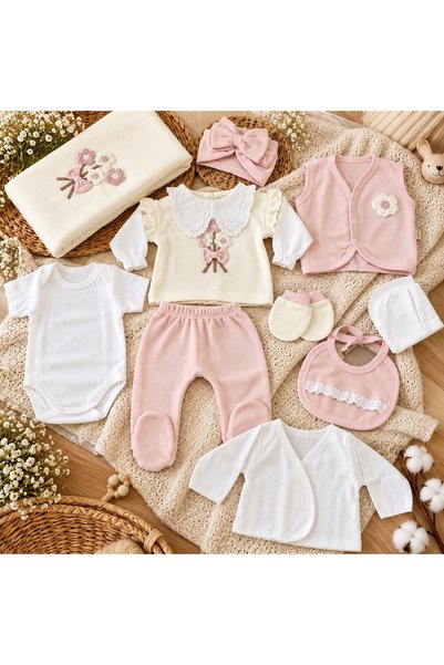 Pure Boutique Set bebe fetita din bumbac 10 piese, roz si crem, cu flori si f...