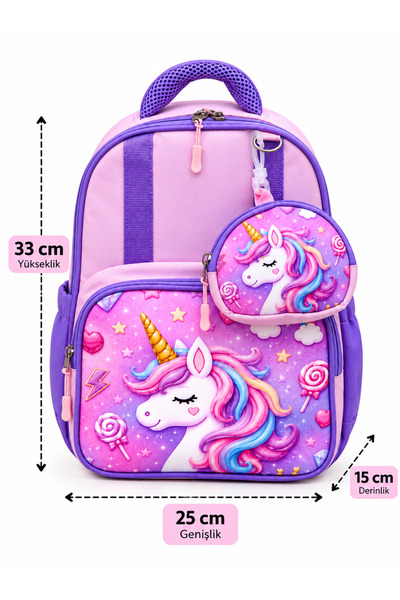 meb Kız Çocuk Unicorn Desenli Anaokulu Çantası Pembe Mor 2 Bölmeli Mini Çanta...