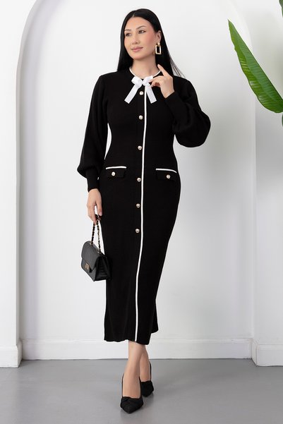 PULLIMM Bicycle collar button detail bow knit dress pl1430