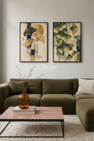 tablodea GINKOO - Set de 2 tablouri cu frunze de ginkgo în stil japonez – Set...