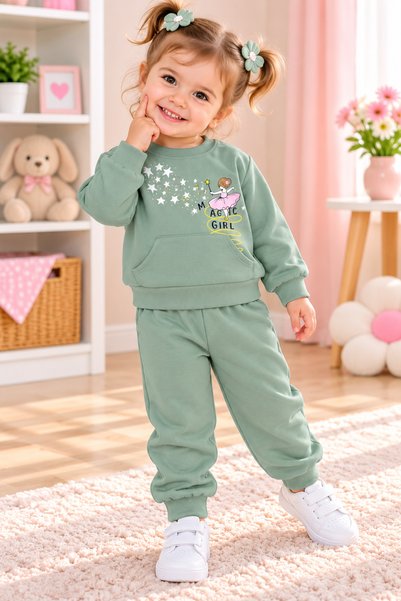 SERPİL Girls' Green Sweatshirt and Sweatpants Set – Printed Crew Neck 2-Piece...