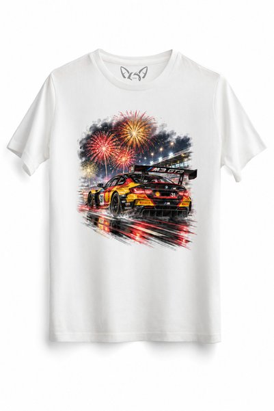 Alfa Tshirt تي شيرت BMW M3 GT3 مطبوع بتقنية DTG بتصميم سباق ليلي.