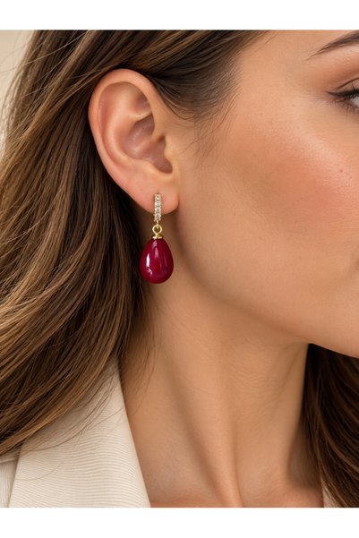 ACAR TAKI Suyolu Earrings with a Popular Design, Burgundy, Drop Style, Acr9673