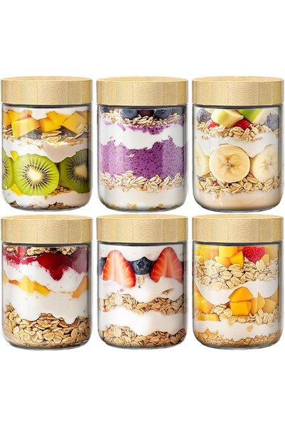 BananaHome 16oz Overnight Oats Containers with Bamboo Lids,Glass jars with Ai...