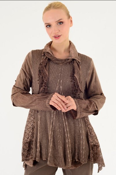 AYASOFYA OTANTIK Women's Italian Lace Flannel 2-Piece Knit Set Sweater Blouse
