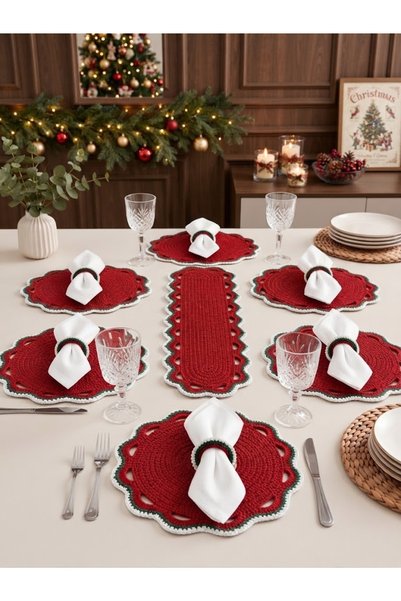 EFLİNS Supla 6-Person Christmas Red American-Style Hand-Knitted Macrame Table...