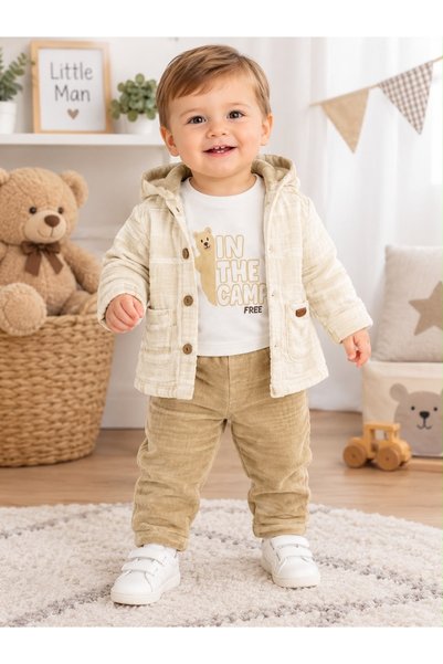 AKİ MODA KİDS Baby Boy Velvet Hooded Sweater, Printed Bodysuit, and Pants 3-P...