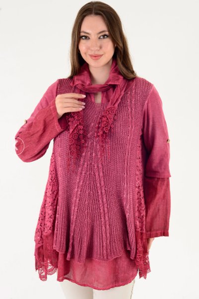 AYASOFYA OTANTIK Women's Italian Lace Flannel 2-Piece Knit Set Sweater Blouse