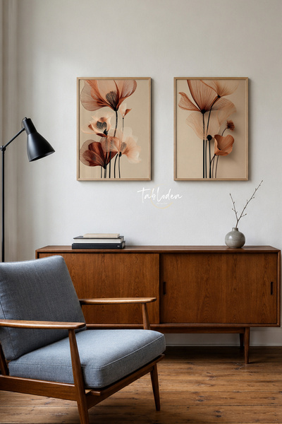 tablodea Faye - Set de 2 tablouri cu motive florale liniari în nuanțe de tera...