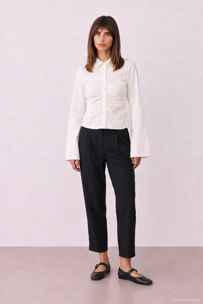 Quzu Women's Ecru Shirt with Drawstring Detail