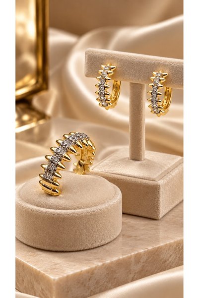 Valmont Accessories Gold-Colored Zircon Stone Ring and Earring Set with Point...