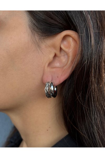 nunu takı Two Rows of Knitted and Plain Silver Earrings