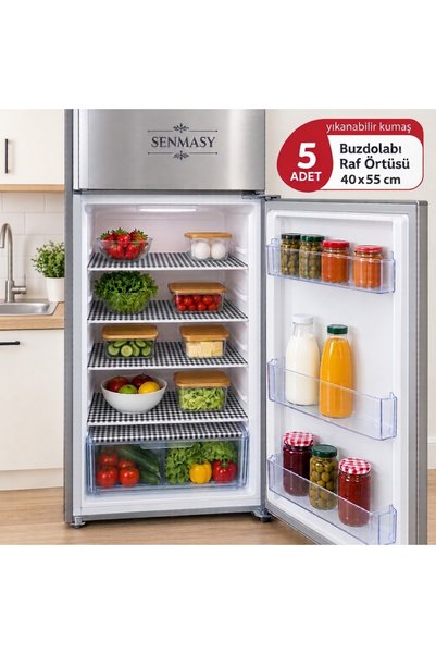 senmasy 5 قطع من أغطية رفوف الثلاجة بنقشة المربعات، مقاس 40 × 55 سم، وقماش قا...