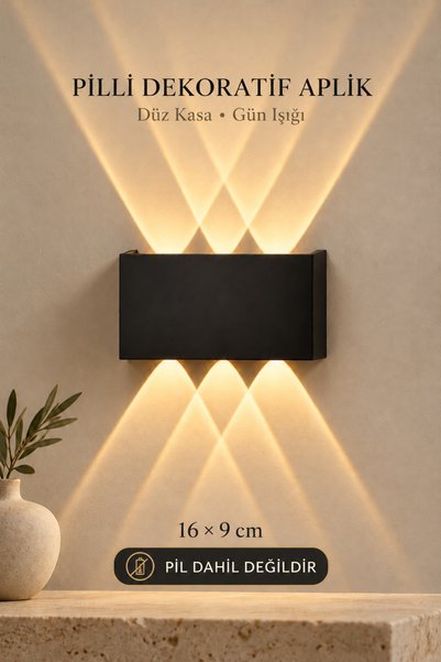 Edison Pilli Aplik Kablosuz LED Duvar Lambası Siyah Düz Kasa Gün Işığı Çift Y...