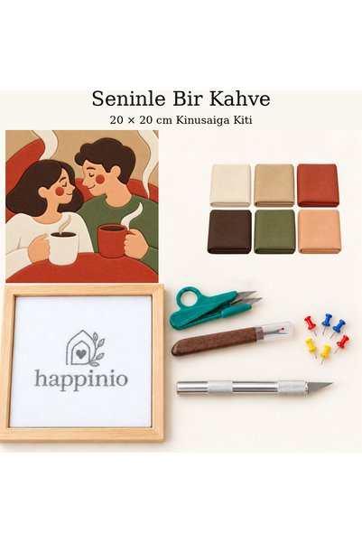 Happinio Seninle Bir Kahve Kinusaiga Kiti 20x20 cm Ahşap Çerçeveli Kumaş Tabl...
