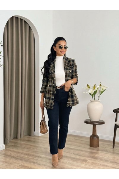 Miss Beyoğlu سترة نسائية بياقة مزدوجة وشراشيب وبطانة.