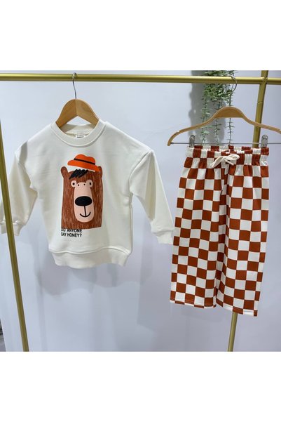 Patriko Boys and Girls Printed 3-Thread Cotton Sweatshirt and Checkered Pants Set