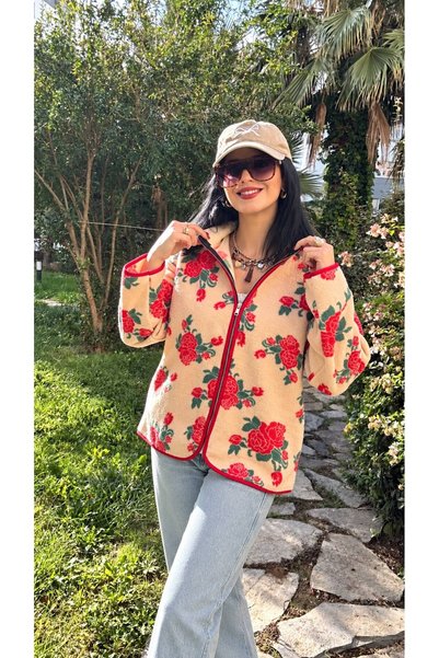 modadagiyim Women's Floral Patterned Soft-Textured Plush Sweatshirt Jacket wi...