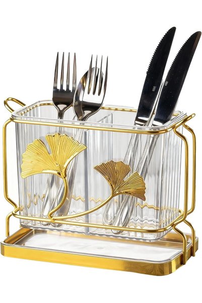 Tazweeq Kitchen Utensil Holder, 2-Compartment Silverware Organizer with Drip ...