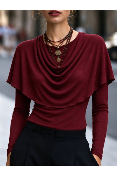 poswicon Burgundy Blouse with Cape Detail and Open Collar, Long Sleeves.
