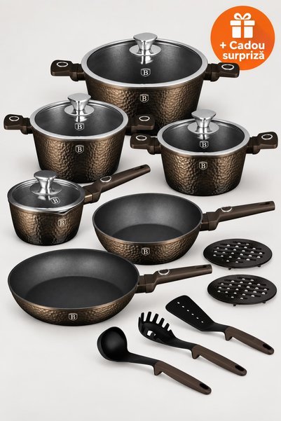 Berlinger Haus Set Vase de Gătit 15 Piese, Model Ciocănit, Oale și Tigăi, Ant...