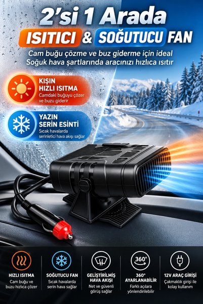 12V Araç İçi Cam Buğu Çözücü Isıtıcı Fan 2’Si 1 Arada Sıcak Soğuk Hava Üfleyici Buz Çözücü