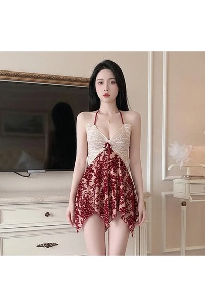 Caprisious Butterfly Lace Halter Chemise with Velvet Skirt – Red