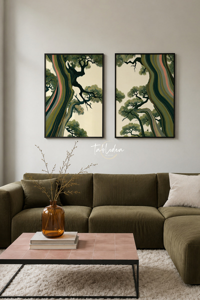 tablodea Mori - Set de 2 tablouri cu brad în stil retro stilizat – Set decora...