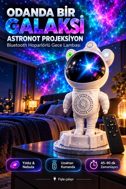 Astronot Bluetooth Hoparlör Galaxy Bulutsusu Ay Tavan Gökyüzü Projektör Zamanlayıcı Kumandalı Gece Lambası