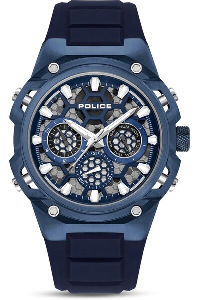 Police Challenger 46mm Multifunction Watch with Ion-Plated Blue Case, Transpa...