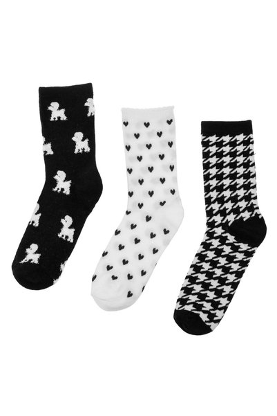 OEM Γυναικείες κάλτσες Black White Dogs Hearts - 3 ζευγάρια